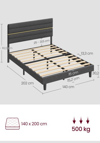 VASAGLE dobbeltseng, sengestel, egnet til en 140 x 200 cm madras, justerbar polstret hovedg�rde, lavet af metal og massivt tr�, moderne, skifergr� RMB504G01