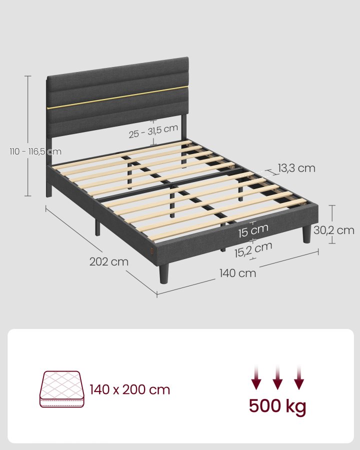 VASAGLE dobbeltseng, sengestel, egnet til en 140 x 200 cm madras, justerbar polstret hovedg�rde, lavet af metal og massivt tr�, moderne, skifergr� RMB504G01