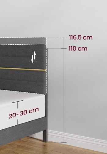 VASAGLE dobbeltseng, sengestel, egnet til en 140 x 200 cm madras, justerbar polstret hovedg�rde, lavet af metal og massivt tr�, moderne, skifergr� RMB504G01