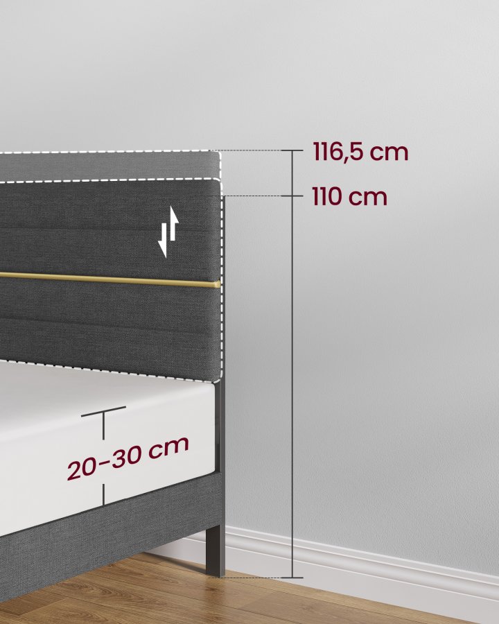VASAGLE dobbeltseng, sengestel, egnet til en 140 x 200 cm madras, justerbar polstret hovedg�rde, lavet af metal og massivt tr�, moderne, skifergr� RMB504G01