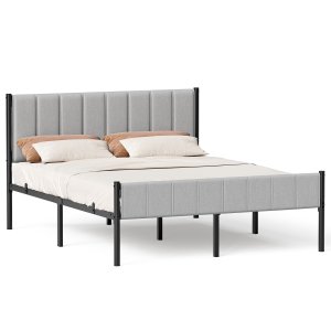 VASAGLE Dobbeltsengramme 160 x 200 cm med polstret hovedg�rde Sengramme St�llameller B�rer op til 500 kg Nem montering RMB975G01