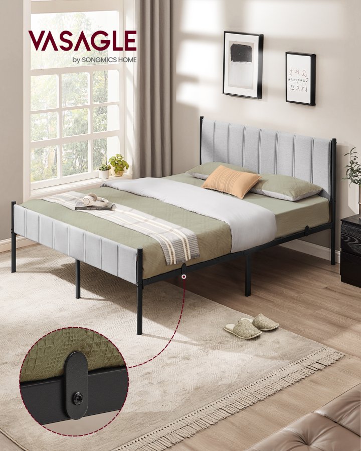 VASAGLE Dobbeltsengramme 160 x 200 cm med polstret hovedg�rde Sengramme St�llameller B�rer op til 500 kg Nem montering RMB975G01