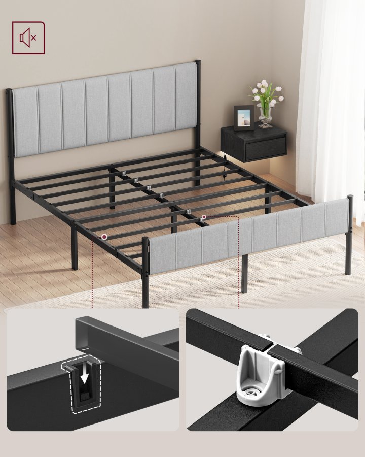 VASAGLE Dobbeltsengramme 160 x 200 cm med polstret hovedg�rde Sengramme St�llameller B�rer op til 500 kg Nem montering RMB975G01
