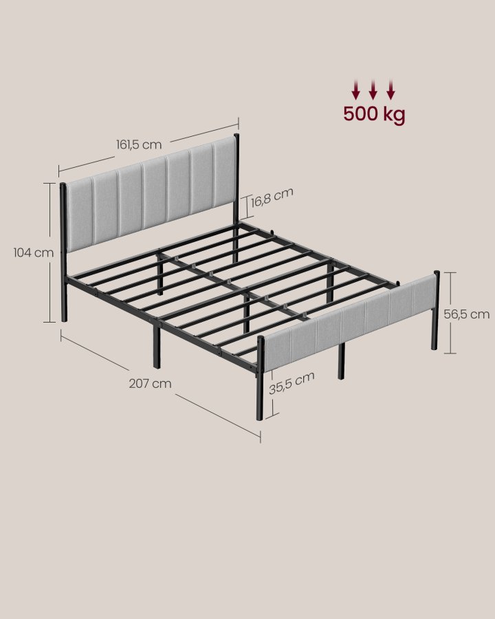 VASAGLE Dobbeltsengramme 160 x 200 cm med polstret hovedg�rde Sengramme St�llameller B�rer op til 500 kg Nem montering RMB975G01
