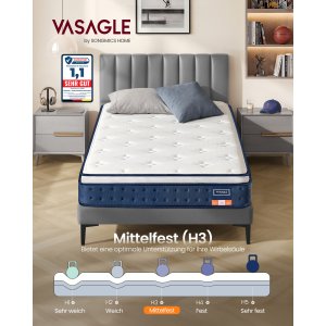 VASAGLE 90 x 200 x 20 cm mellemfast gel memory foam pocket springmadras, H3, 7-zoners st�tte, bev�gelsesisolering, �ndbart betr�k, bl� RMZ212QZ02
