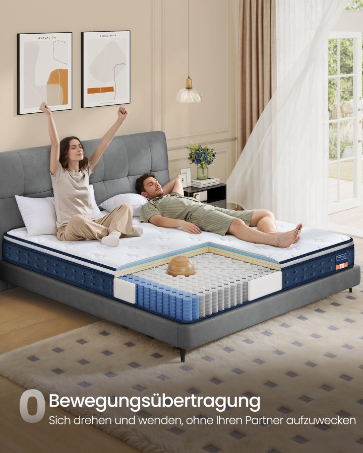 VASAGLE 90 x 200 x 20 cm mellemfast gel memory foam pocket springmadras, H3, 7-zoners st�tte, bev�gelsesisolering, �ndbart betr�k, bl� RMZ212QZ02