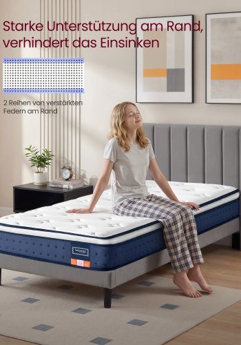 VASAGLE 90 x 200 x 20 cm mellemfast gel memory foam pocket springmadras, H3, 7-zoners st�tte, bev�gelsesisolering, �ndbart betr�k, bl� RMZ212QZ02