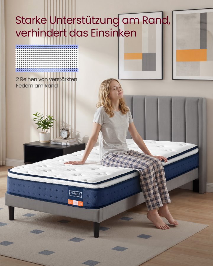 VASAGLE 90 x 200 x 20 cm mellemfast gel memory foam pocket springmadras, H3, 7-zoners st�tte, bev�gelsesisolering, �ndbart betr�k, bl� RMZ212QZ02