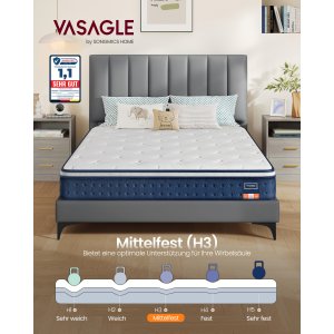 VASAGLE Madras 140 x 200 x 20 cm Pocket Spring Gel Memory Foam Madras Medium Fast H3 7-Zone St�tte Bev�gelse Isolerende �ndbart Betr�k Bl� RMZ214QZ02