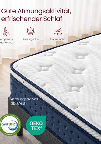 VASAGLE Madras 140 x 200 x 20 cm Pocket Spring Gel Memory Foam Madras Medium Fast H3 7-Zone St�tte Bev�gelse Isolerende �ndbart Betr�k Bl� RMZ214QZ02