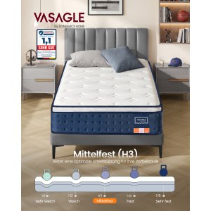 VASAGLE RMZ222QZ02 90 x 200 x 25 cm mellemfast gel memory foam pocket springmadras H3 7-zoners st�tte bev�gelsesisolerende �ndbart betr�k bl�