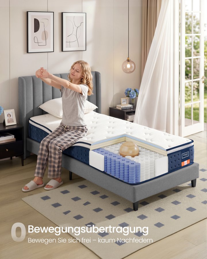 VASAGLE RMZ222QZ02 90 x 200 x 25 cm mellemfast gel memory foam pocket springmadras H3 7-zoners st�tte bev�gelsesisolerende �ndbart betr�k bl�