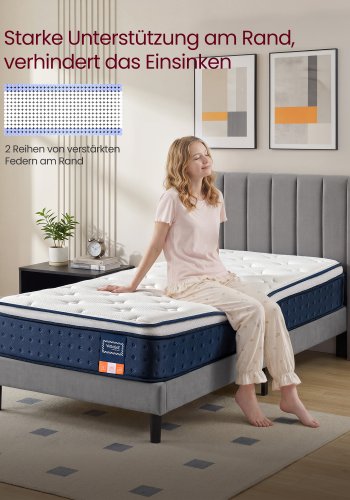 VASAGLE RMZ222QZ02 90 x 200 x 25 cm mellemfast gel memory foam pocket springmadras H3 7-zoners st�tte bev�gelsesisolerende �ndbart betr�k bl�