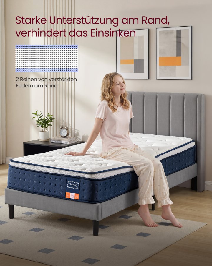 VASAGLE RMZ222QZ02 90 x 200 x 25 cm mellemfast gel memory foam pocket springmadras H3 7-zoners st�tte bev�gelsesisolerende �ndbart betr�k bl�