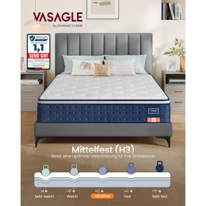 VASAGLE Madras, 140 x 200 x 25 cm, pocketfjedermadras lavet af gel memory foam, medium fasthed, H3, 7-zoners st�tte, bev�gelsesisolering, �ndbart betr�k, bl� RMZ224QZ02