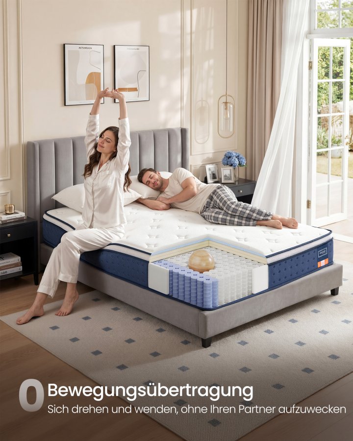 VASAGLE Madras, 140 x 200 x 25 cm, pocketfjedermadras lavet af gel memory foam, medium fasthed, H3, 7-zoners st�tte, bev�gelsesisolering, �ndbart betr�k, bl� RMZ224QZ02