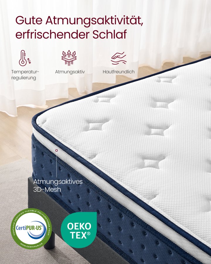VASAGLE Madras, 140 x 200 x 25 cm, pocketfjedermadras lavet af gel memory foam, medium fasthed, H3, 7-zoners st�tte, bev�gelsesisolering, �ndbart betr�k, bl� RMZ224QZ02