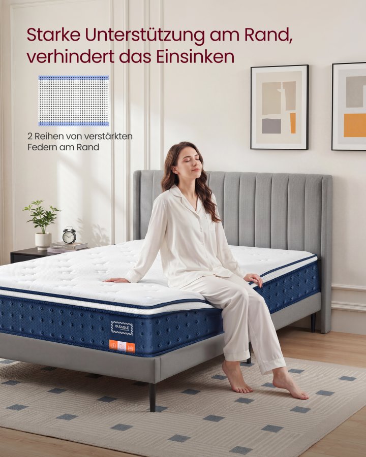VASAGLE Madras, 140 x 200 x 25 cm, pocketfjedermadras lavet af gel memory foam, medium fasthed, H3, 7-zoners st�tte, bev�gelsesisolering, �ndbart betr�k, bl� RMZ224QZ02