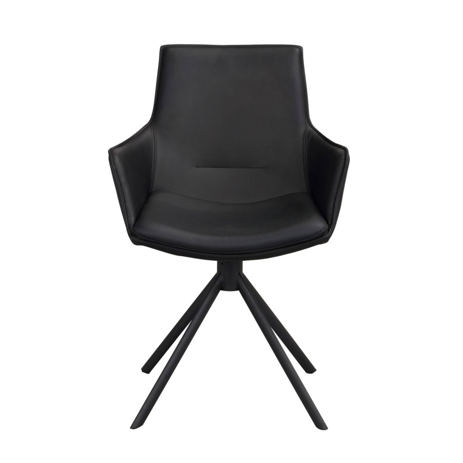 ROWICO Lowell spisebordsstol, med armlener og dreiefot - svart skinn og sort metall