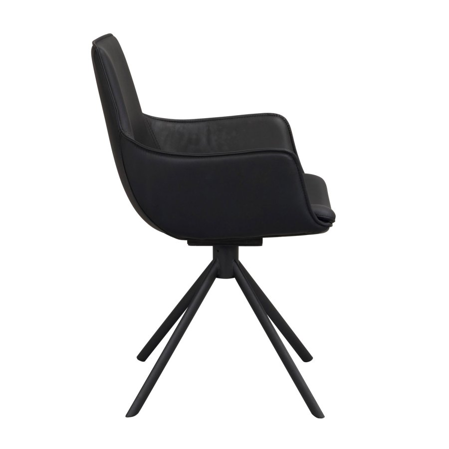 ROWICO Lowell spisebordsstol, med armlener og dreiefot - svart skinn og sort metall