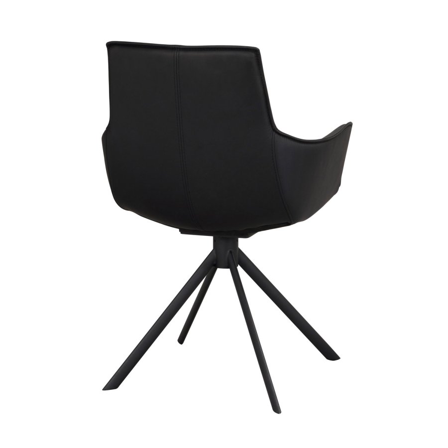 ROWICO Lowell spisebordsstol, med armlener og dreiefot - svart skinn og sort metall