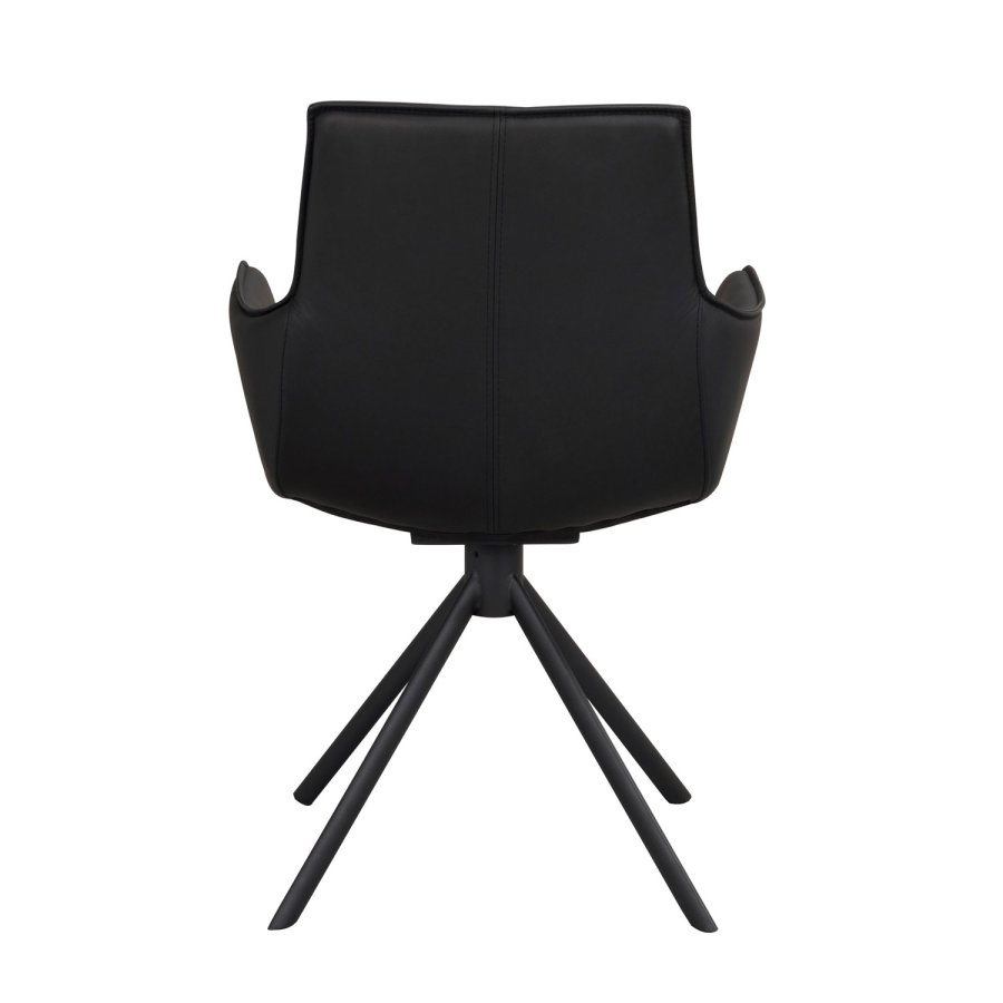 ROWICO Lowell spisebordsstol, med armlener og dreiefot - svart skinn og sort metall