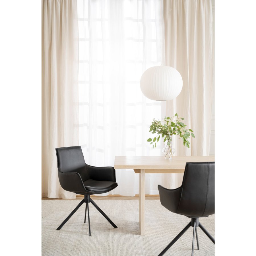 ROWICO Lowell spisebordsstol, med armlener og dreiefot - svart skinn og sort metall