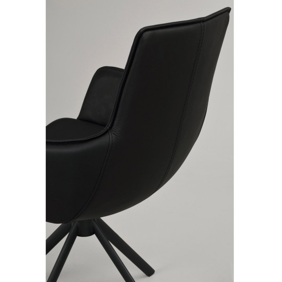 ROWICO Lowell spisebordsstol, med armlener og dreiefot - svart skinn og sort metall