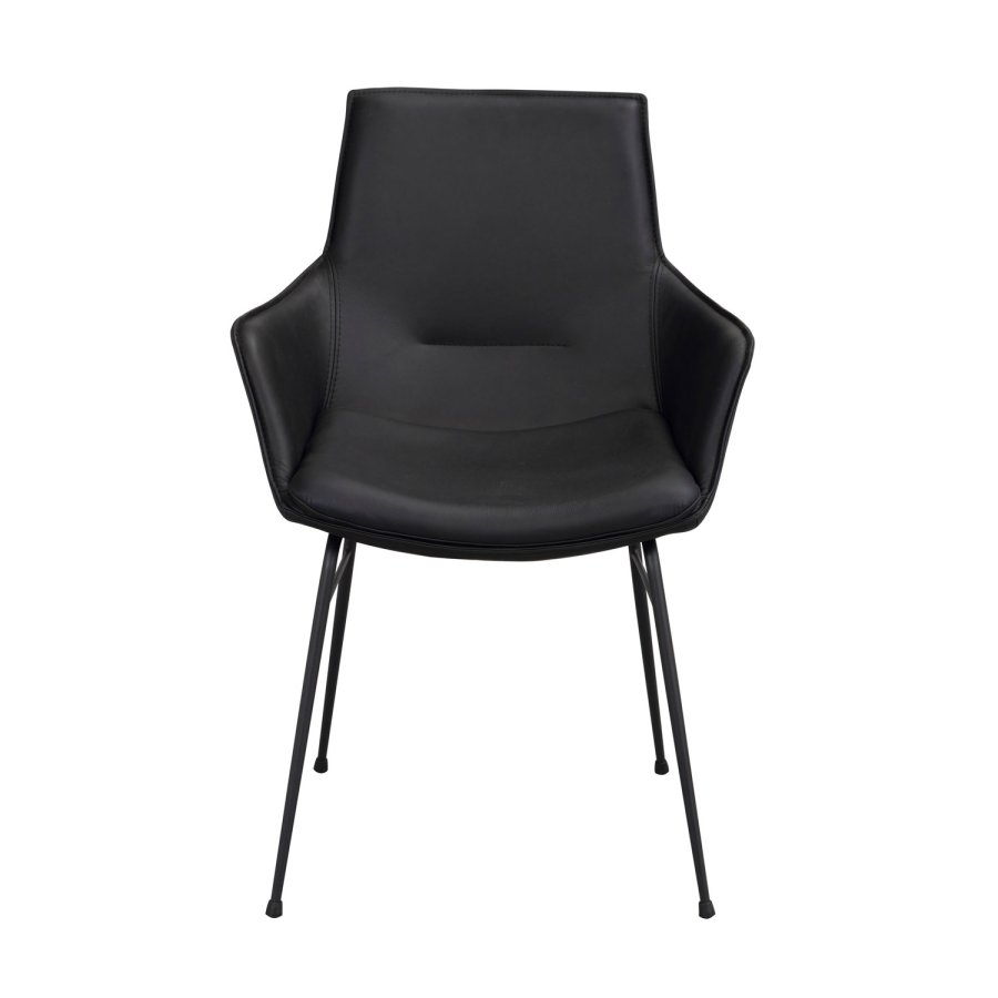 ROWICO Lowell spisebordsstol, med armlener - svart skinn og sort metall