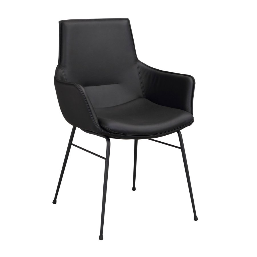 ROWICO Lowell spisebordsstol, med armlener - svart skinn og sort metall