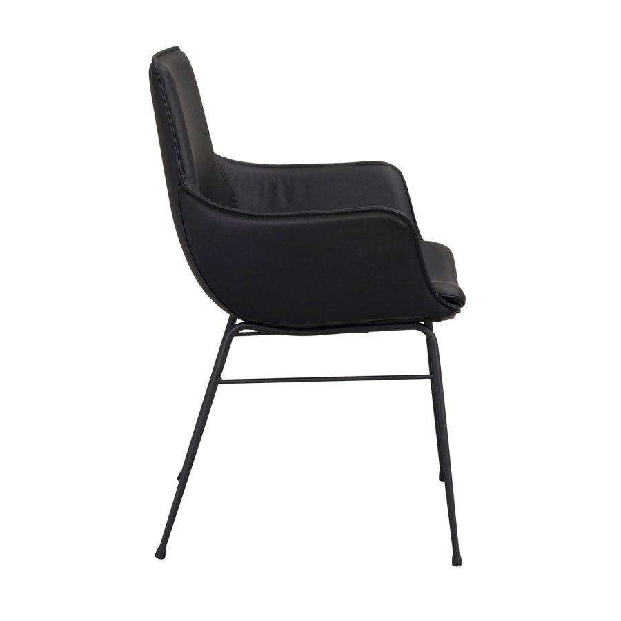 ROWICO Lowell spisebordsstol, med armlener - svart skinn og sort metall