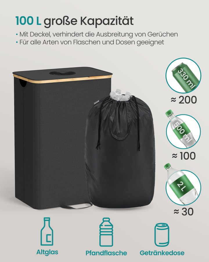 SONGMICS genbrugsbeholder til k�kken 26,4 gallon. Flaskegenbrugsbeholder, opsamlingsbeholder, til metal, plastik, papir, glas, inderpose med h�ndtag, k�kken, bl�ksort og naturlig beige RRB509B01