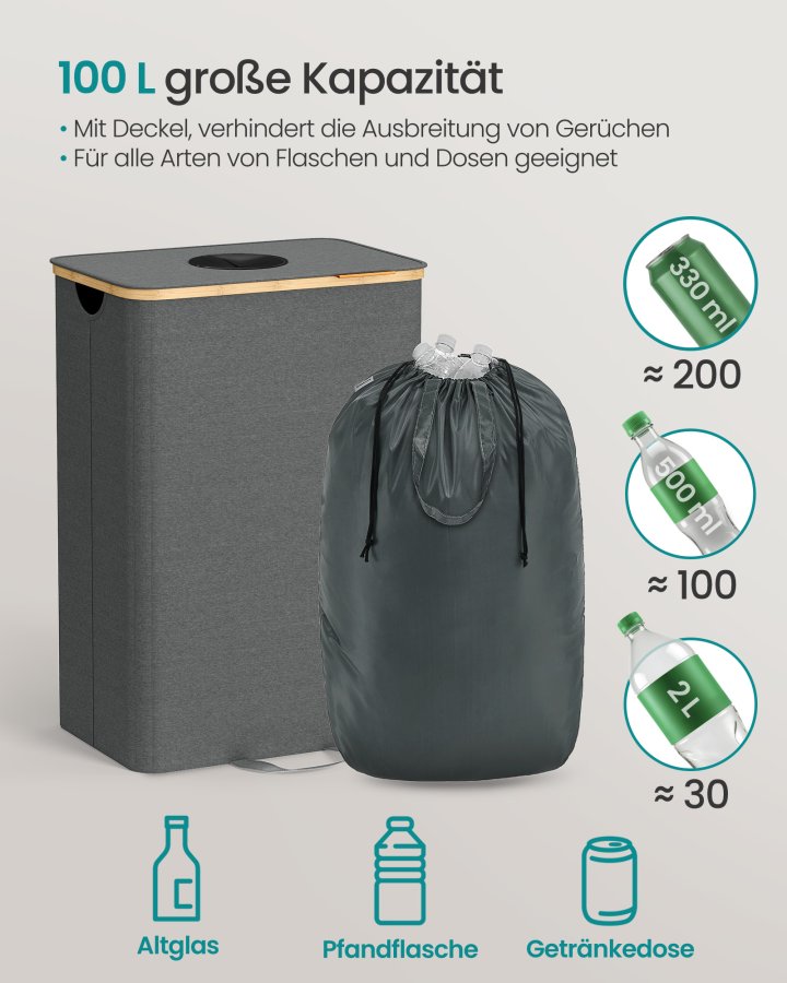 SONGMICS K&ouml;ks�tervinningsbeh�llare 26,4 gallon. Flask�tervinningsbeh�llare, uppsamlingsbeh�llare, f&ouml;r metall, plast, papper, glas, innerp�se med handtag, k&ouml;k, skiffergr� och naturbeige URRB509G01