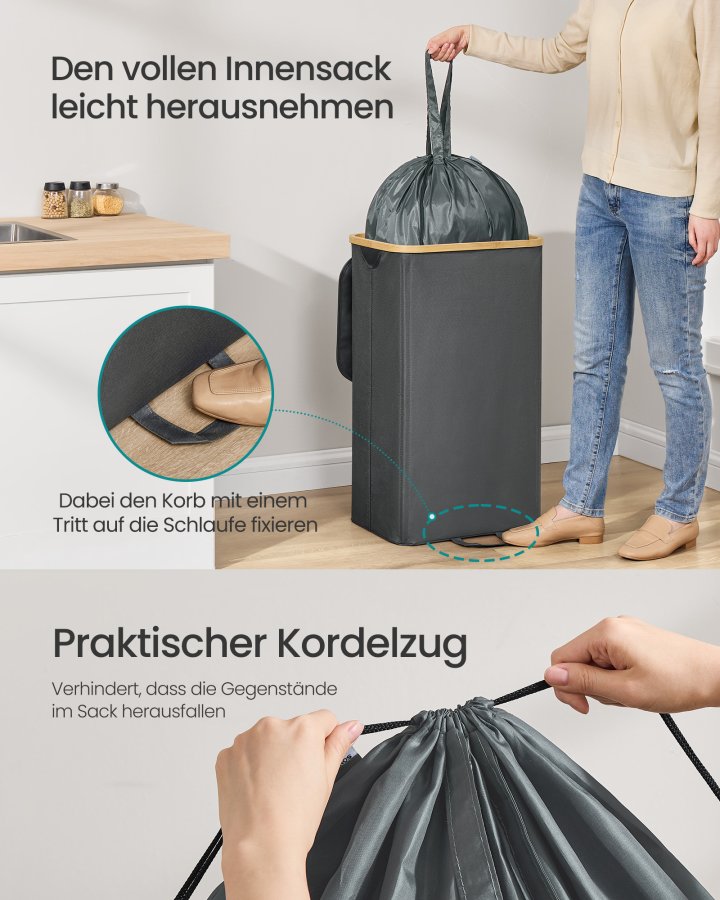 SONGMICS K&ouml;ks�tervinningsbeh�llare 26,4 gallon. Flask�tervinningsbeh�llare, uppsamlingsbeh�llare, f&ouml;r metall, plast, papper, glas, innerp�se med handtag, k&ouml;k, skiffergr� och naturbeige URRB509G01