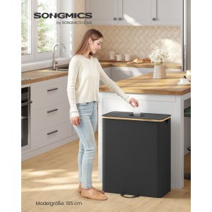 SONGMICS K&ouml;ks�tervinningsbeh�llare, 145 liter. Flask�tervinningsbeh�llare, uppsamlingsbeh�llare, f&ouml;r metall, plast, papper, glas, innerp�se med handtag, k&ouml;k, bl&auml;cksvart och naturbeige URRB513B01