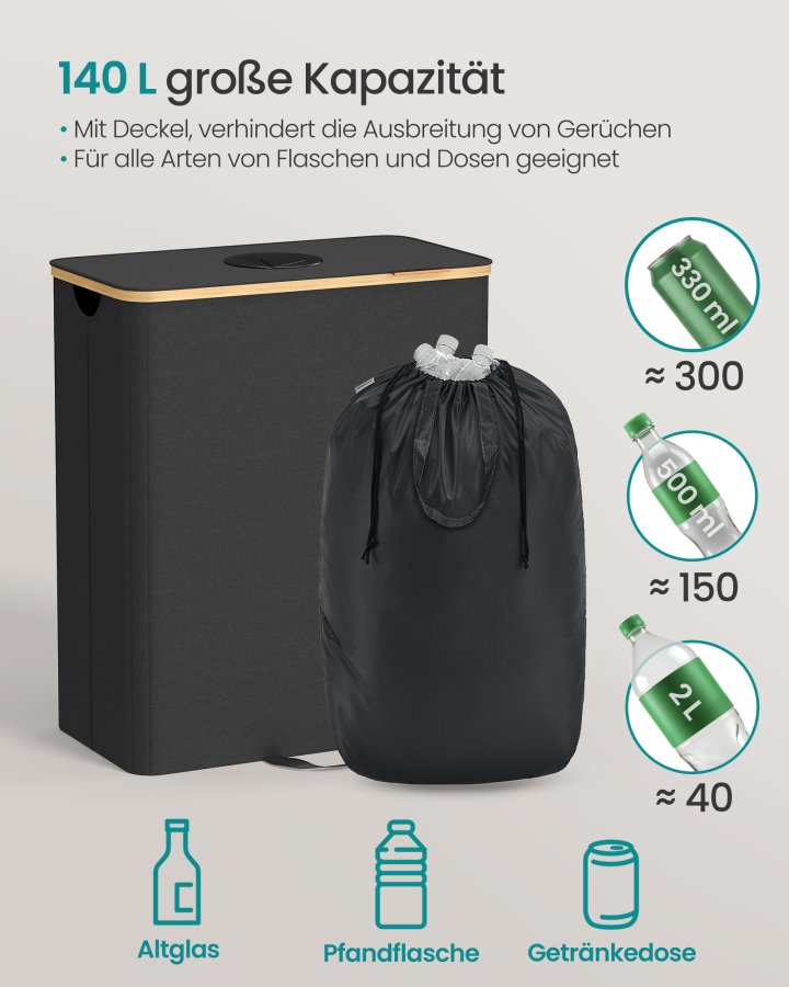 SONGMICS genbrugsbeholder til k�kken, 37 gallon. Flaskegenbrugsbeholder, opsamlingsbeholder, til metal, plastik, papir, glas, inderpose med h�ndtag, k�kken, bl�ksort og naturlig beige URRB513B01