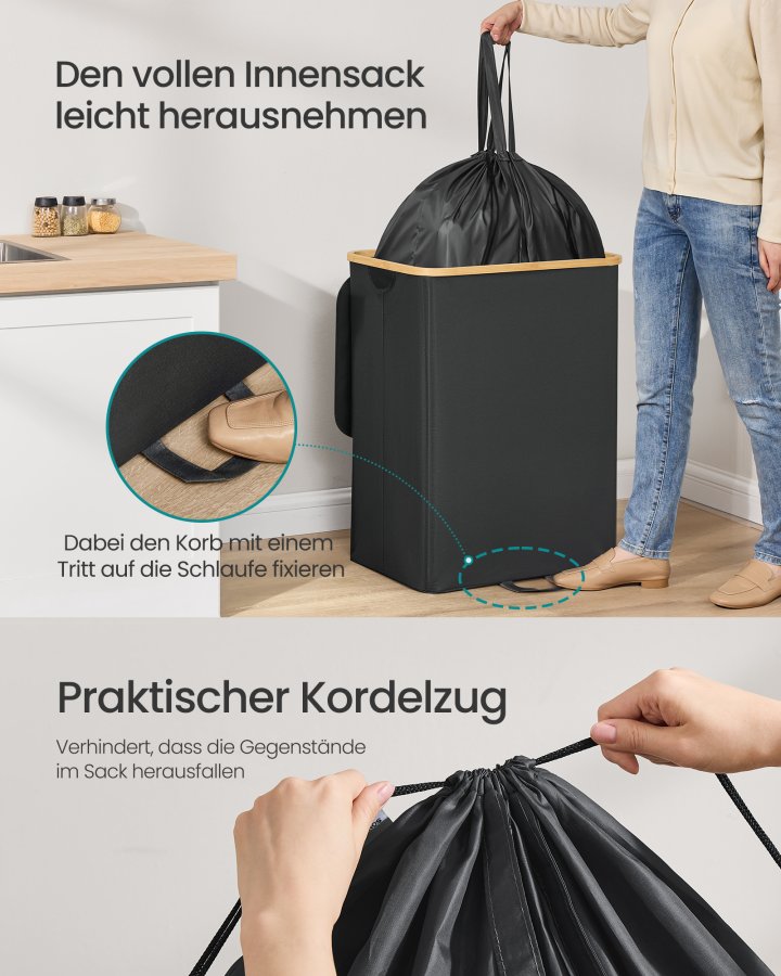 SONGMICS genbrugsbeholder til k�kken, 37 gallon. Flaskegenbrugsbeholder, opsamlingsbeholder, til metal, plastik, papir, glas, inderpose med h�ndtag, k�kken, bl�ksort og naturlig beige URRB513B01