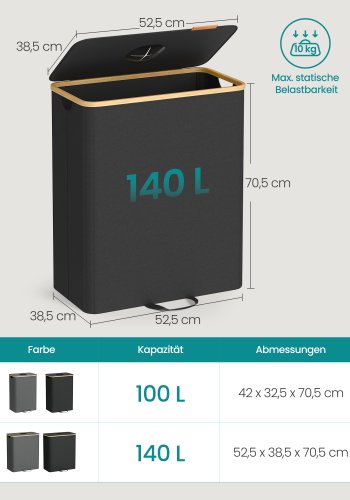 SONGMICS genbrugsbeholder til k�kken, 37 gallon. Flaskegenbrugsbeholder, opsamlingsbeholder, til metal, plastik, papir, glas, inderpose med h�ndtag, k�kken, bl�ksort og naturlig beige URRB513B01
