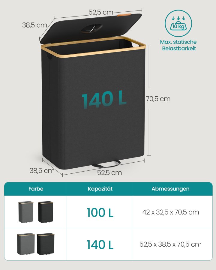 SONGMICS genbrugsbeholder til k�kken, 37 gallon. Flaskegenbrugsbeholder, opsamlingsbeholder, til metal, plastik, papir, glas, inderpose med h�ndtag, k�kken, bl�ksort og naturlig beige URRB513B01