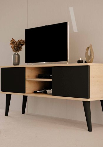 KOCOT RTV Toronto TV-bord, m. 2 drer og 1 hylle - naturlig og svart bk (120x35)