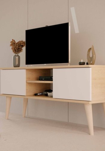 KOCOT RTV Toronto TV-bord, m. 2 drer og 1 hylle - naturlig og hvitt tre (120x35)