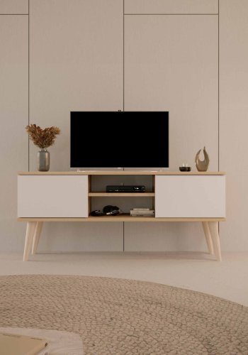 KOCOT RTV Toronto TV-bord, m. 2 drer og 1 hylle - naturlig og hvitt tre (120x35)