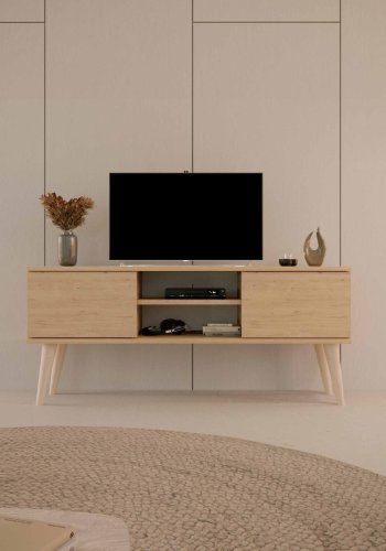 KOCOT RTV Toronto TV-bord, m. 2 drer og 1 hylle - naturlig bketre (120x35)