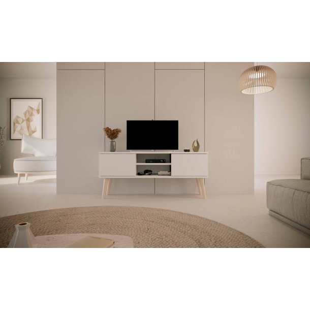 KOCOT RTV Toronto TV-bord, m. 2 l�ger og 1 hylde - hvid fin�r og natur b�getr� (120x35)