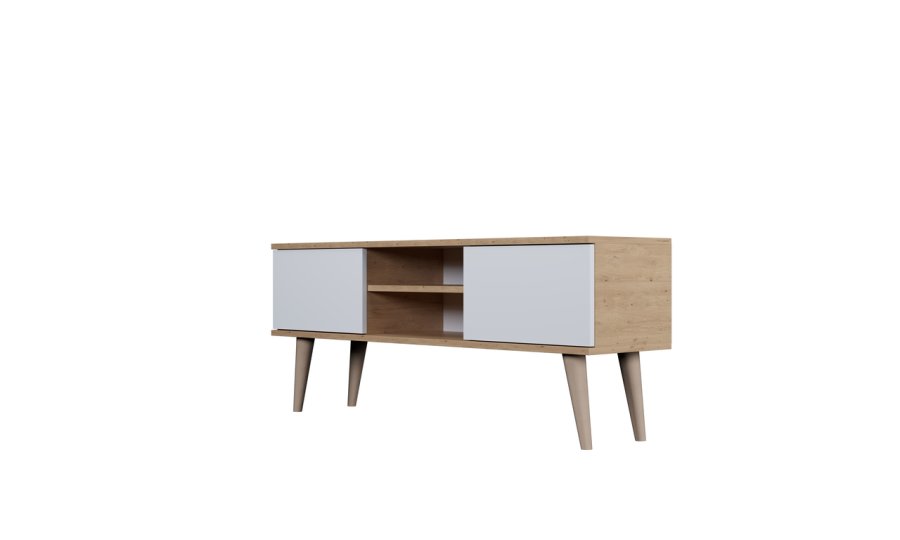 KOCOT RTV Toronto TV-bord, m. 2 drer og 1 hylle - naturlig og hvitt tre (120x35)