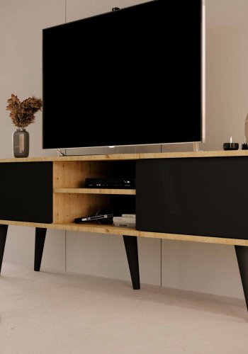 KOCOT RTV Toronto TV-bord, m. 2 drer og 1 hylle - naturlig og svart bk (160x35)