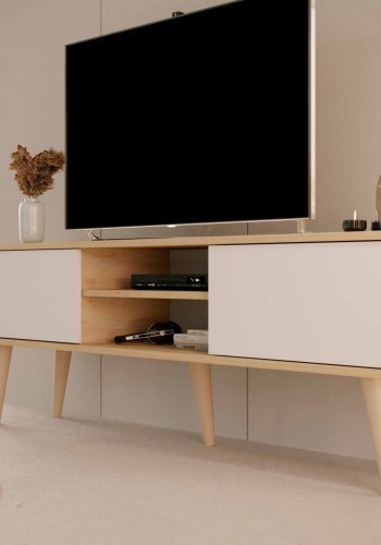 KOCOT RTV Toronto TV-bord, m. 2 drer og 1 hylle - naturlig og hvit bk (160x35)