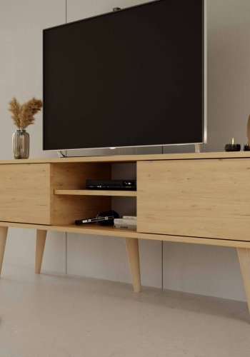 KOCOT RTV Toronto TV-bord, m. 2 drer og 1 hylle - naturlig bketre (160x35)