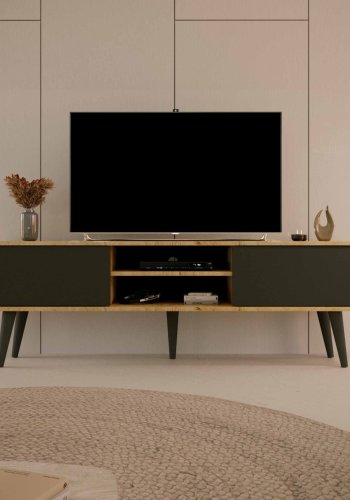 KOCOT RTV Toronto TV-bord, m. 2 drer og 1 hylle - naturlig og svart bk (160x35)