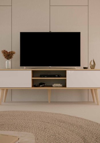 KOCOT RTV Toronto TV-bord, m. 2 drer og 1 hylle - naturlig og hvit bk (160x35)